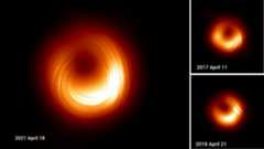 three images of a supermassive black hole, each one showing it as a dark blotch surrounded by an orangish disk