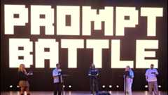 AI prompt battle; five people stand on a stage with devices under a large screen reading &quot;PROMPT BATTLE&quot; in block letters.