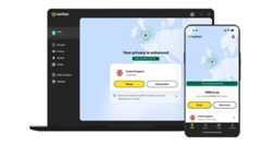 A laptop computer and smartphone displaying the Norton VPN dashboard.