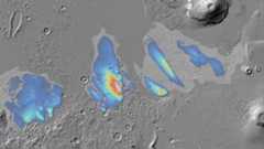 a black-and-white map of mars with blue sections denoting where water ice has been detected