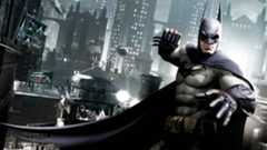 Best Batman games: Batman getting ready to punch someone with Gotham in the background. 