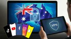 A graphic showing a map of Australia, below a series of smartphones showing popular social media platforms and someone on a iPad using a VPN. 