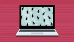 Illustration of a laptop displaying bugs on the monitor