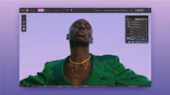 Canva Affinity app interface on a purple background with an image showing a black model posing