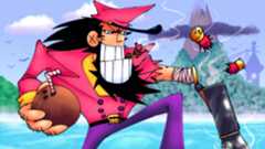 Captain Wayne posing reloading his shotgun arm with open ocean and tropical island visible in background