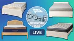 A collage of mattresses against a colorful background, clockwise: The Saatva Classic mattress, Siena mattress, Helix Midnight Luxe mattress, and Brooklyn Bedding CopperFlex Pro Hybrid mattress. In the center is a Tom's Guide Presidents' Day deal badge, with a LIVE badge beneath