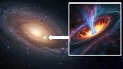 (Main) an illustration of a galaxy with a feeding black hole heading to its oukskirts (Inset) 