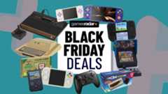 Black Friday deals badge surrounded by retro hardware in a circle starting with Retroid Pocket 5, MagicX Zero 40, Neo Geo Mini, C64 Mini, 8Bitdo N64 controller, Anbernic RG Cube, Super Pocket, Zelda Game and Watch, Atari 400 Mini, and Atari 2600+ with teal backdrop and grey plus icons.