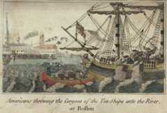 An engraving of the Boston Tea Party from a 1789 book.