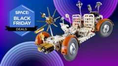 A Lego Technic NASA Lunar Roving Vehicle against a purple background, wiuth a Space Black Friday deals logo.