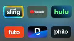 A composite image of the best live TV streaming services, featuring the logos for: (L-R; top) Sling, YouTube TV, Hulu, (L-R; bottom) Fubo, DirecTV and Philo.
