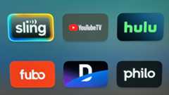 A composite image of the best live TV streaming services, featuring the logos for: (L-R; top) Sling, YouTube TV, Hulu, (L-R; bottom) Fubo, DirecTV and Philo.