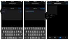 How to create a new Shared album by showing steps: Enter the names of the people you want to share your album with, tap on Create. Tap on Shared album