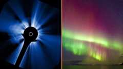 two panel image showing the cme that left the sun on Nov 5 that is currently heading for Earth and on the right is a vivid northern lights display. 