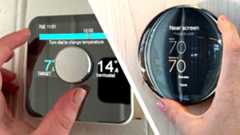 Split image showing two different smart thermostats being adjusted by hand