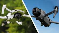 The DJI Mini 4K drone in flight with tree backdrop, alongside DJI Mavic 4 Pro in flight with blue sky backdrop