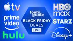 Tom&#039;s Guide Black Friday deals badge surrounded by logo for Apple TV, Prime Video, Hulu, HBO Max, Starz and Disney Plus