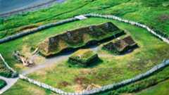 An aerial image of the structures at L&#039;Anse aux Meadows
