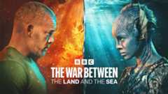 Promotional material for "The War Between the Land and the Sea" showing a face-off between Barclay (Russell Tovey) and Salt (Gugu Mbatha-Raw). Barclay stands in front of a fiery background, while Salt stands before water, and the movie's title sits between them.