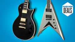 An ESP and Kramer electric guitars on a blue background