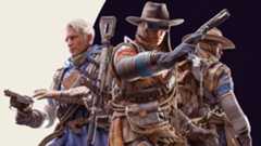 Arc Raiders Trophy Display: Key art showing three characters. The one on the left is wearing a blue pincho and holding a pistol ready at their hip. The middle figure is wearing a brown poncho and cowboy hat, facing the camera with a pistol across their chest. On the right is another character in a brown poncho and hat but facing away.