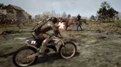 Kingmakers screenshot - guy on a dirtbike with an assault rifle shooting at a mounted knight