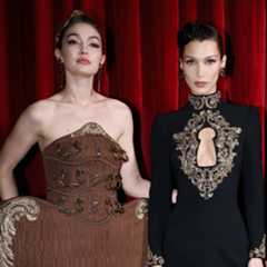 MILAN, ITALY - FEBRUARY 24: Gigi Hadid, Bella Hadid and Sacha Quenby pose backstage of the Moschino fashion show during the Milan Fashion Week Fall/Winter 2022/2023 on February 24, 2022 in Milan, Italy. (Photo by Vittorio Zunino Celotto/Getty Images)