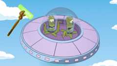 Kang and Kodos fly in a pink UFO alongside a plutonium rod. Background is the iconic The Simpsons clouds and blue skies.