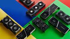 A collection of graphics cards on a colourful background.