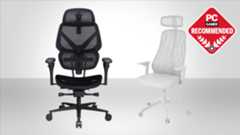 A composite image, showing a ThunderX3 Flex Pro and Ikea Matchspel office chair, against a grey gradient background, with a PC Gamer Recommended logo in the top right corner.