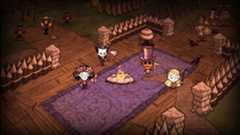 Don&#039;t Starve Together - four players stand together around a fire at the center of a fortified wooden enclosure