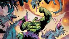 Hulk being swarmed by dinosaurs