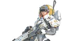 A drawing of a female sci-fi character with a big gun