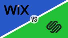 The two logos of Wix and Squarespace seperated by a white line and the letters 'VS'.
