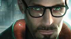 Close up of classic box art render of Gordon Freeman&#039;s face from Half-Life 2.