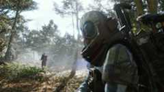 Arc Raiders: Key art of a raider looking over their shoulder in a forest to look at another raider aiming at them in the distance.