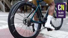 Details of the Hunt 60 Limitless Aero rear wheel on bike with Cyclingnews Black Friday logo