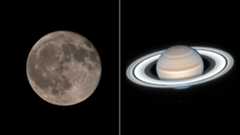 A composite image showing the lunar disk on the left with the planet Saturn on the right, both against a black background.