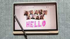 XPPen Magic Note Pad review; a tablet on an chair, a stylus, and on its display photos of people and doodles