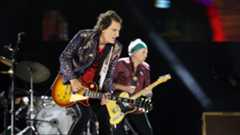 Ronnie Wood and Keith Richards perform onstage during 'STONES TOUR '24 HACKNEY DIAMONDS' at Met Life Stadium on May 23, 2024 in East Rutherford, New Jersey.