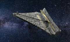 An artist's impression of a rectangular space telescope. The 65.6 by 3.3 foot (20 x 1 meter) mirror can be seen as the strip on the right