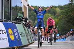 Romain Gregoire of France and Team Groupama - FDJ celebrates at finish line as stage winner ahead of Marijn Van Den Berg of Netherlands and Team EF Education - EasyPost during the 85th Tour de Luxembourg, Stage 1 a 152.8km stage from Luxembourg to on September 17, 2025 in Luxembourg, Luxembourg. (Photo by Tim de Waele/Getty Images)