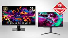 Two of the best 4K gaming monitors, the MSI MPG 321URX QD-OLED and the LG UltraGear 27GR93U on a grey background with the PC Gamer recommended logo in the top right corner
