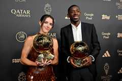 Aitana Bonmati and Ousmane Dembele pose for a photo with the Women's Ballon d'Or and Men’s Ballon d’Or trophies during the 69th Ballon D'Or Ceremony at Theatre Du Chatelet on September 22, 2025 in Paris, France.