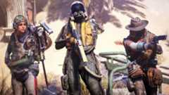 Arc Raiders loot guide: Three raiders standing shoulder to shoulder in Buried City. The one of the left is reaching for something in their pocket, the character in the middle, wearing an astronaut helmet, is casually looking up, while the one on the right in cowboy attire is aiming their pistol.