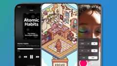 Three Android phones on a green and blue background showing three apps