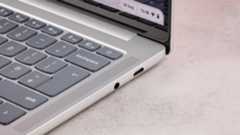 Close-up of right-hand ports on Lenovo Chromebook Plus 14-inch on desk