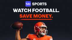 Fubo Sports launch image, featuring the &quot;Watch Football Save Money&quot; slogan and an NFL player