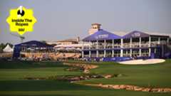 A general image of the 18th hole on the Earth Course at Jumeirah Golf Estates with an Inside The Ropes sticker in the top left