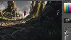 Close-up of the forest floor in Photoshop, artist is painting details on forest floor.